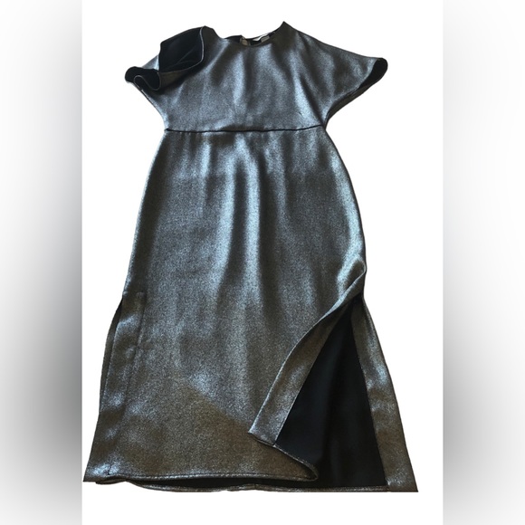 H&M Ladies Black & Silver Glitter Slit Cap Sleeve Fitted New Years Eve Dress - Picture 4 of 11